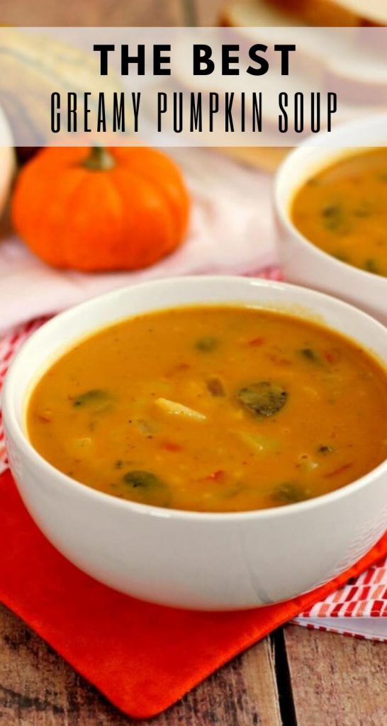 This Creamy Pumpkin Soup is full of pumpkin flavor, filled with vegetables, and healthy. The base of the soup comes from low-fat chicken broth, skim milk, and pumpkin puree. Low in calories and full of flavor, you’ll never guess that this soup is healthy! #soup #souprecipe #pumpkin #pumpkinsoup #pumpkinsouprecipe #fallrecipe #fallsoup #fallsouprecipe #falldinner