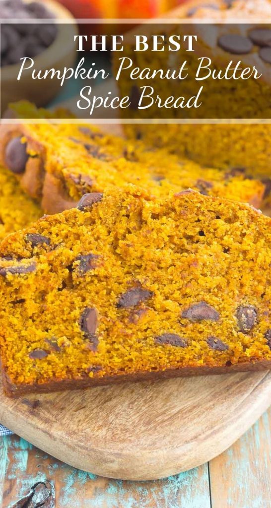 This Pumpkin Peanut Butter Spice Bread is filled with a warm pumpkin flavor, dark chocolate chips, and creamy peanut butter. Easy to make and filled with an irresistible combination, this spiced bread will become your favorite breakfast or dessert of the season! #pumpkin #bread #pumpkinbread #peanutbutter #peanubutterbread #pumpkindessert #pumpkinrecipe #recipe #dessert