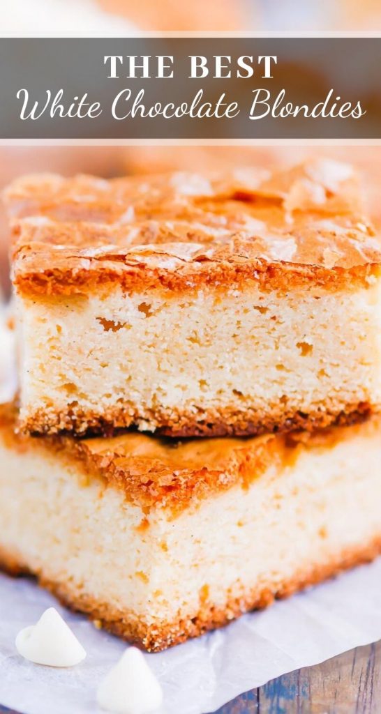 This White Chocolate Blondies Recipe combines the elegance of white chocolate with rich vanilla to bring you a delightfully sweet treat that is ready for the oven in minutes and baked in just half an hour.  Serve this recipe with a hot cup of coffee for the perfect treat on a cold day! #blondies #whitechocolate #whitechocolateblondies #blondierecipe #whitechocolatedessert #dessert #easydessert