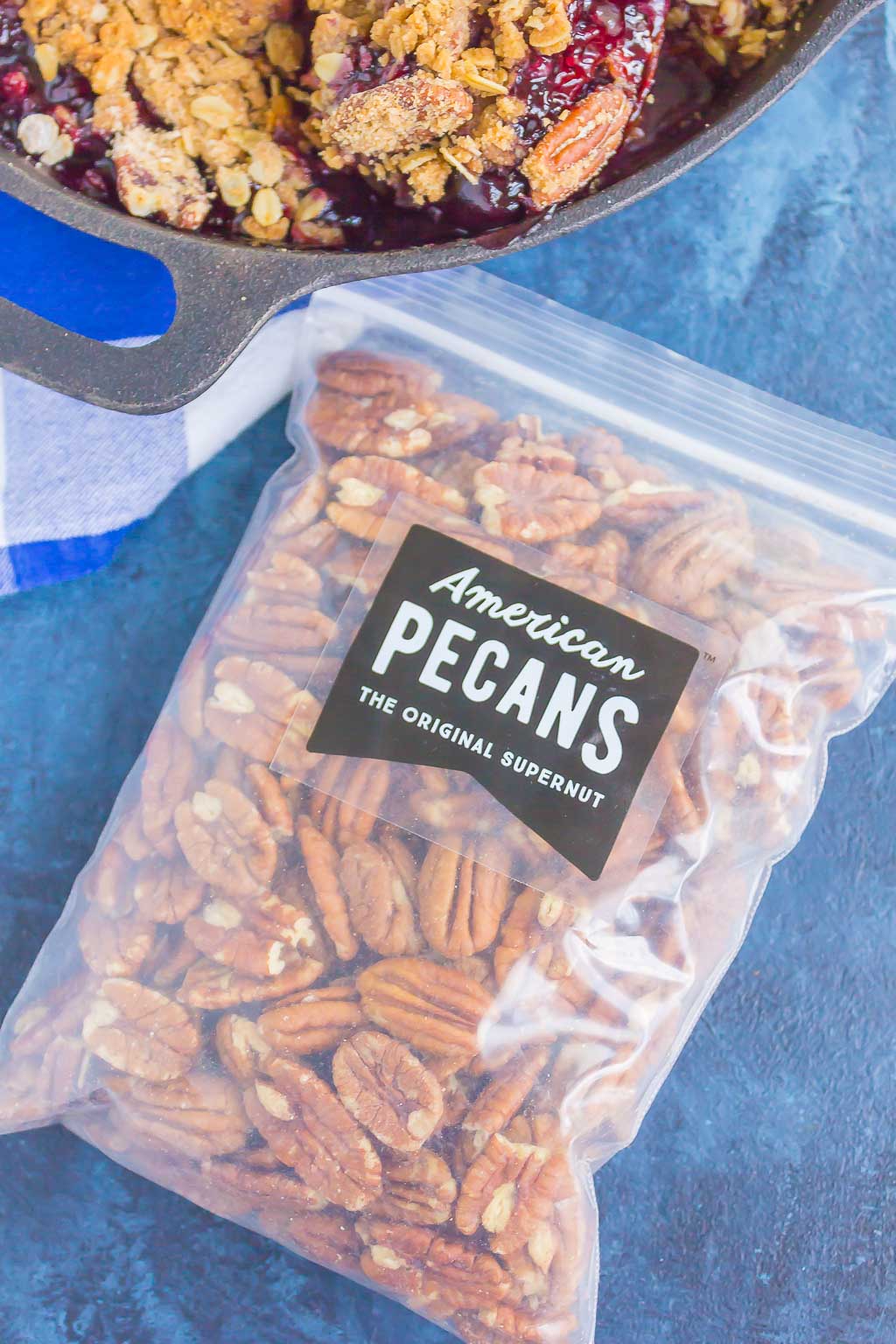 Overhead view of a bag of pecans. 