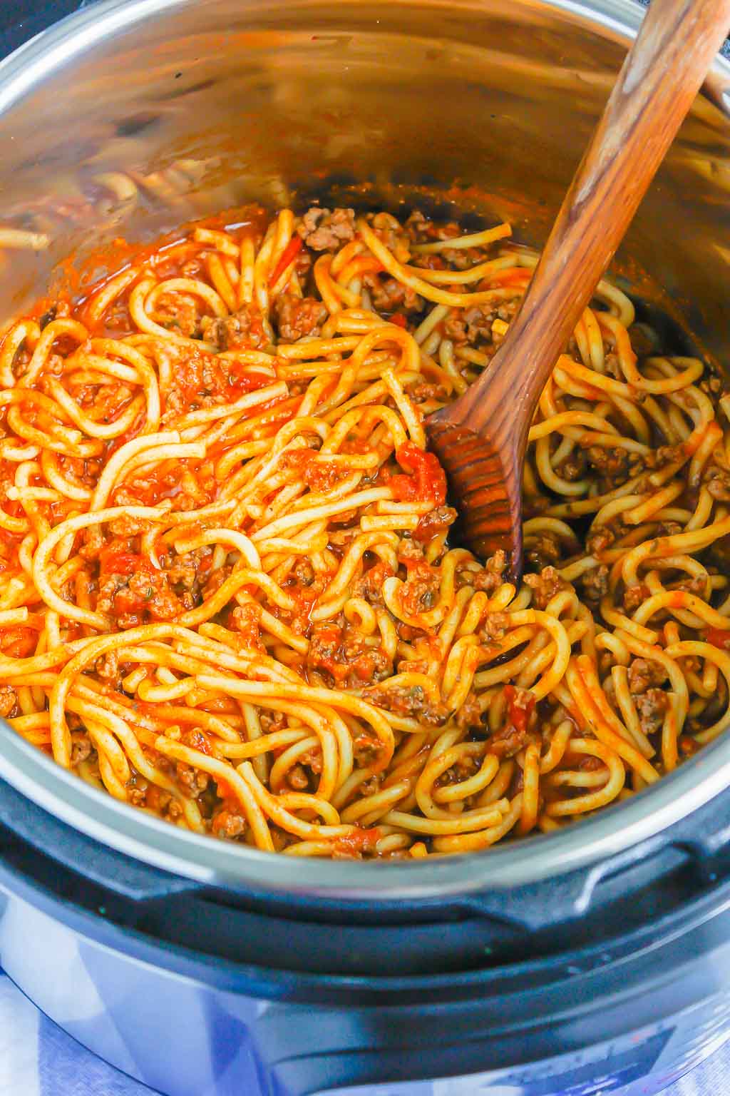 Top view of Instant Pot spaghetti with meat sauce. 