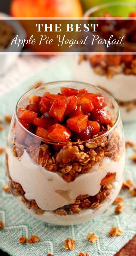 Packed with creamy vanilla yogurt, apple pie granola, and caramelized apples, this Apple Pie Yogurt Parfait is full of protein and fall flavors. It's a great way to spice up your morning breakfast or afternoon snack! #yogurt #yogurtparfait #yogurtrecipes #appleyogurtparfait #applebreakfastrecipes #fallbreakfasts #fallrecipes #recipe