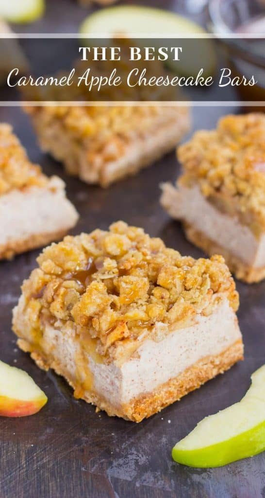 These Caramel Apple Cheesecake Bars are filled with an apple pie cheesecake batter and then sprinkled with tender apples, a sweet streusel topping, and a drizzle of caramel. Simple to prepare and even better to eat, this dessert captures the delicious flavors of fall! #cheesecake #cheesecakerecipes #cheesecakebars #applecheesecakerecipe #caramelapplerecipe #falldesserts #falldessertrecipe