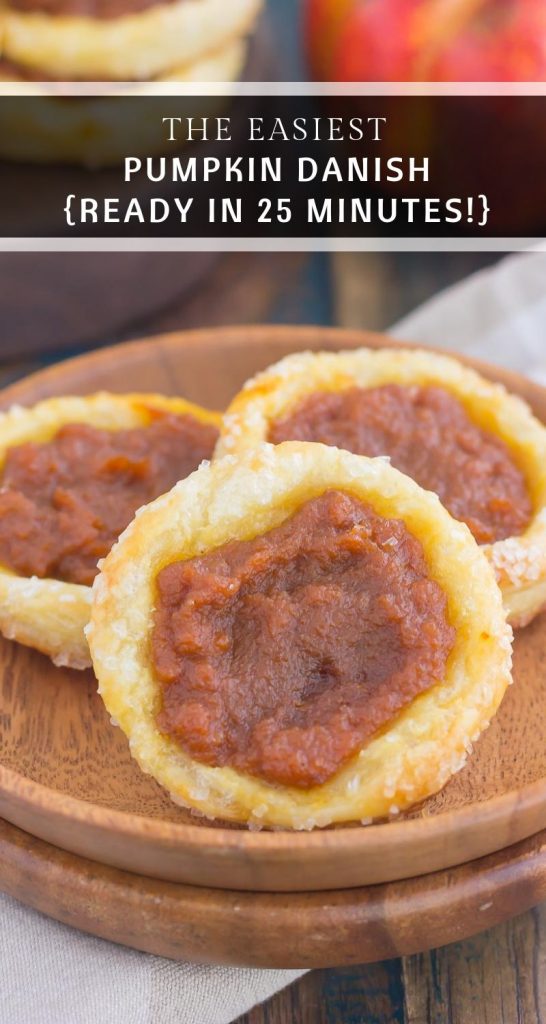 These Easy Pumpkin Danish are filled with a sweet pumpkin mixture that's swirled with cinnamon and brown sugar. Made from a puff pastry base and simple ingredients, you can have this easy breakfast or dessert ready in less than 30 minutes! #pumpkinrecipe #pumpkin #danish #pumpkindanish #danishrecipe #fallbreakfast #falldessert #pumpkindessert #pumpkinbreakfast #dessert