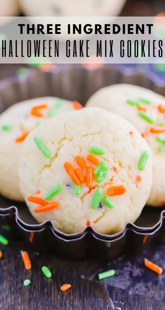 These Halloween Cookies are soft, fluffy, and made with just 4 ingredients. The sprinkles lend some Halloween fun and using cake mix makes it so easy. It's a simple recipe for a spooky night! #halloween #cookies #easy #homemade #spooky #simple #recipe #halloweenrecipes #cakemixcookies #cookierecipes