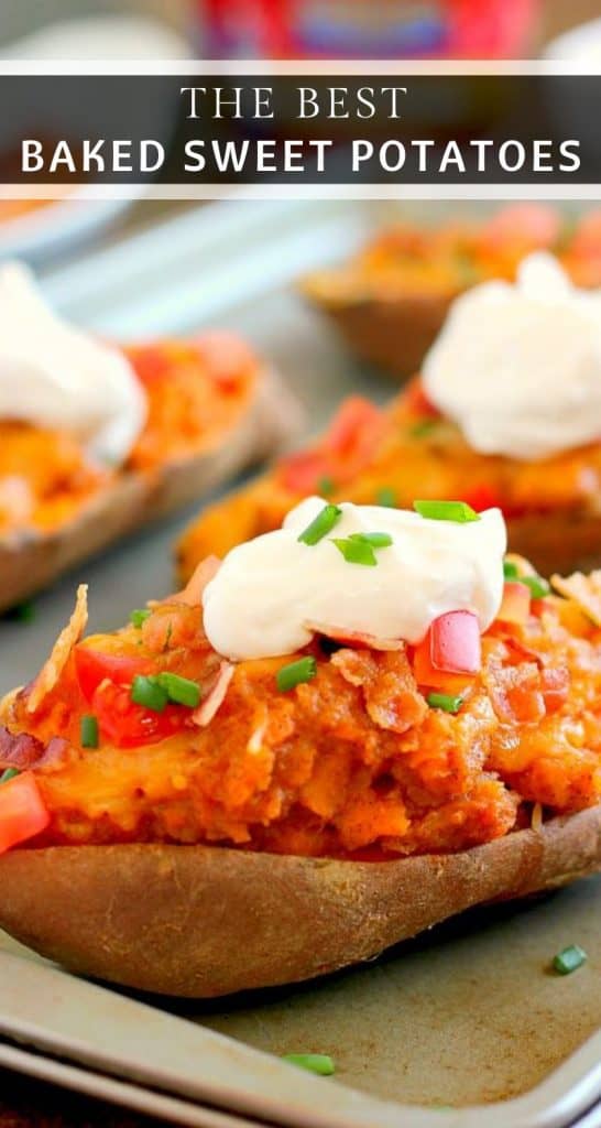 These Loaded Twice Baked Sweet Potatoes make the perfect side dish for any meal. The sweet potatoes are packed with with a brown sugar and cinnamon filling and then topped with cheese, crispy bacon, and sour cream. It's filled with flavor and the perfect fall dish for when you want something warm and comforting! #sweetpotatoes #sweetpotatorecipe #bakedsweetpotatoes #bakedsweetpotatorecipes #potatorecipes #sidedishes #fallrecipes