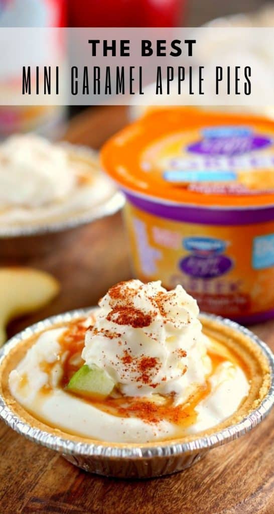 With just a few simple ingredients, these Mini Caramel Apple Yogurt Pies come together in no time and serve as a healthier treat. Filled with sweet yogurt, fresh apple chunks, and a cinnamon swirl, these pies make the perfect fall dessert! #yogurt #yogurtrecipes #caramelapplerecipes #healthybreakfast #healthyrecipes #fallrecipes