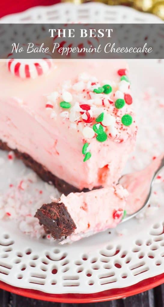 This No Bake Peppermint Cheesecake is smooth, creamy, and filled with the flavors of the holiday season. From the Oreo cookie crust, to the peppermint candies and white chocolate ganache on top, this sweet treat is a must-make for dessert! #cheesecake #nobakecheesecake #cheesecakerecipes #peppermintcheesecake #holidayrecipes #holidaydessert #dessert