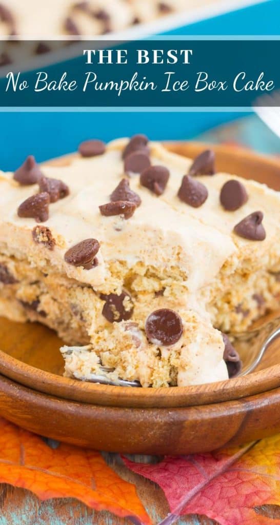 This No Bake Pumpkin Chocolate Chip Icebox Cake is an easy fall dessert that's layered with graham crackers, pumpkin spiced whipped cream, and chocolate chips. With just a few ingredients and minimal prep time, this dish is the perfect combination of pumpkin and chocolate! #iceboxcake #iceboxcakerecipes #pumpkiniceboxcake #nobakedesserts #pumpkindessert #falldesserts #falldessertrecipes