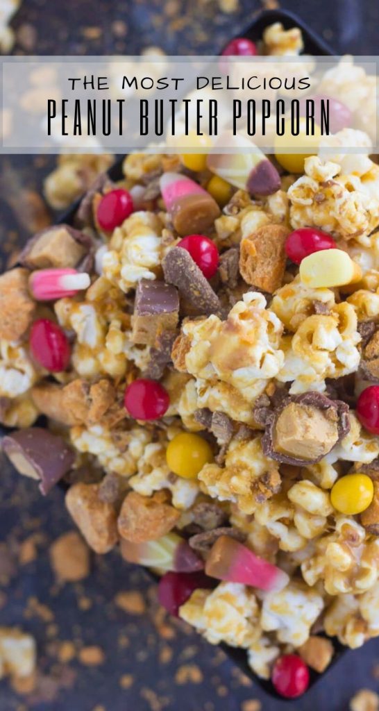This Peanut Butter Candy Popcorn is the perfect sweet and salty snack to satisfy your sweet tooth! It makes the best snack to munch on during Halloween, and is also a great way to use up that leftover candy! #popcorn #popcornrecipe #peanutbutter #peanutbutterpopcorn #candy #halloween #halloweenrecipe #halloweensnack #halloweenpopcorn #appetizer #snack #recipe