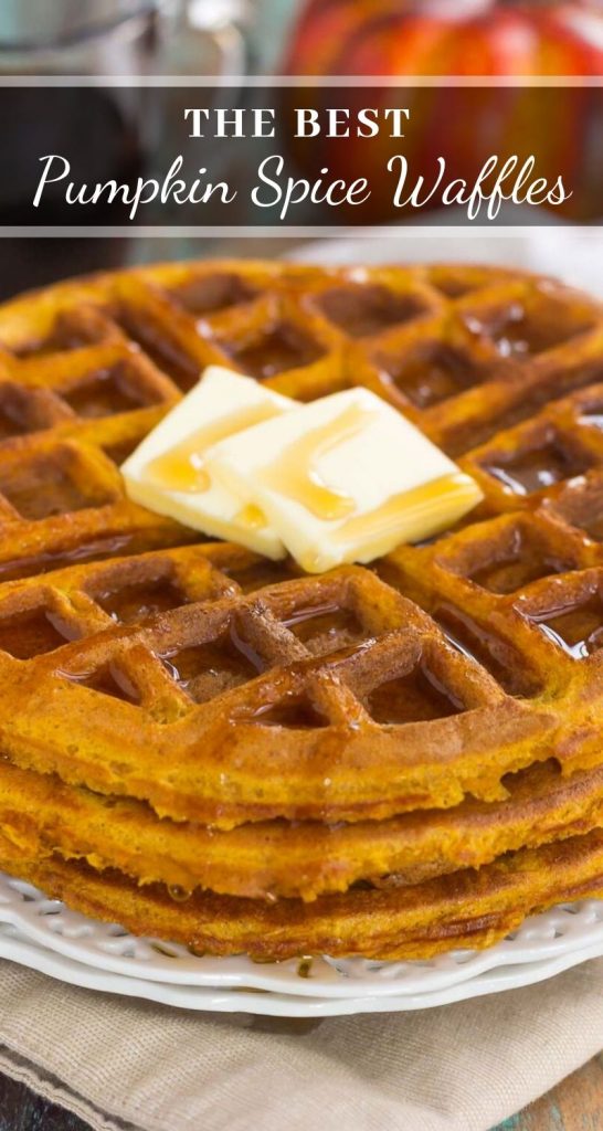 These Pumpkin Spice Waffles are crispy on the outside, tender on the inside, and filled with cozy fall flavors. You can satisfy your craving for pumpkin with this easy breakfast that's sure to be a favorite all year long! #waffles #wafflerecipe #pumpkinrecipe #pumpkinwaffles #pumpkinbreakfast #breakfast #breakfastrecipes