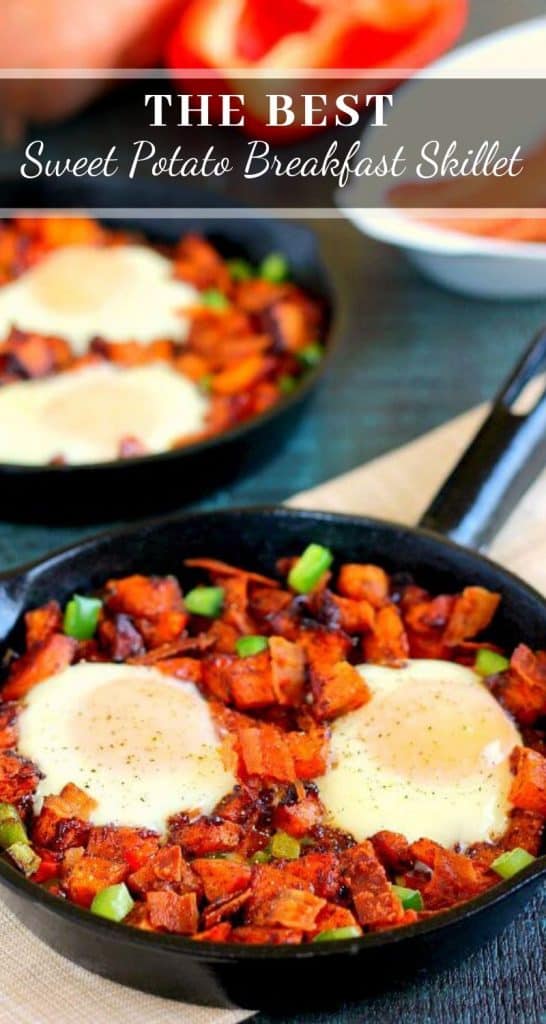 Packed with roasted maple sweet potatoes, fresh eggs, peppers, and bacon, this Roasted Maple Sweet Potato Breakfast Skillet comes together in minutes and makes a hearty breakfast. It's easy to prepare and full of cozy flavors that are perfect on those cool, fall mornings! #sweetpotatoes #roastedsweetpotatoes #sweetpotatorecipes #skillet #breakfastskilletrecipes #breakfastideas #recipe #fallbreakfastideas #fallbreakfastrecipes