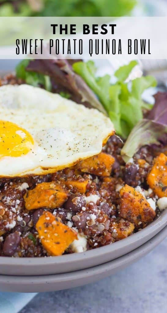 This Roasted Parmesan Sweet Potato Quinoa Bowl is a deliciously simple dish that is perfect for a light lunch or dinner. Filled with roasted sweet potatoes, hearty quinoa, black beans, feta cheese, and a fried egg, this bowl is jam-packed with flavor and so easy to make! #sweetpotatoes #sweetpotatorecipe #quinoabowl #quinoabowlrecipes #falldish #fallrecipes #fallbreakfasts #fallbreakfastideas #breakfast #breakfastrecipes #recipe