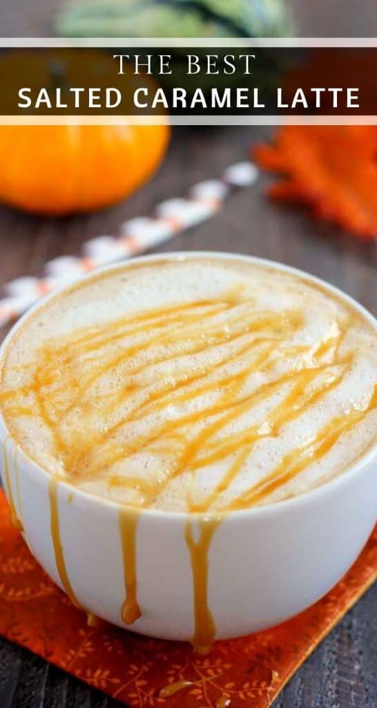 This Salted Caramel Latte is filled with warm flavors and is the perfect drink for when you need your coffee fix. It's easy to whip up and has a fraction of the calories that are found in coffee shop drinks! #coffee #coffeedrinks #latterecipes #caramellatte #saltedcaramel #saltedcaramellatte #fallrecipes #falldrinks