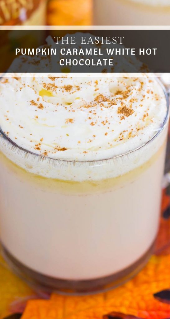 This Slow Cooker Pumpkin Caramel White Hot Chocolate is a deliciously sweet and creamy drink that's bursting with fall flavors. It's a perfect recipe to enjoy on a chilly evening and is so easy to make! Keep your crock pot on warm to impress those party guests! #pumpkin #pumpkindrink #pumpkinhotchocolate #pumpkinwhitehotchocolate #whitehotchocolate #hotchocolaterecipe #falldrink #drink #hotbeverage #hotchocolaterecipes #pumpkincaramelhotchocolate