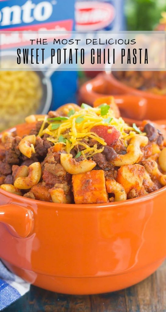 This Sweet Potato Chili Pasta is a one pot dish that's packed with the warm and comforting flavors of the season. Hearty, thick, and filled with sweet potatoes, beef, black beans, and pasta, you'll love this easy meal! #chili #chilipasta #chilirecipe #sweetpotatorecipe #sweetpotatopasta #sweetpotatochili #sweetpotatochilirecipe #dinner #falldinner #comfortfood #pasta #pastarecipe