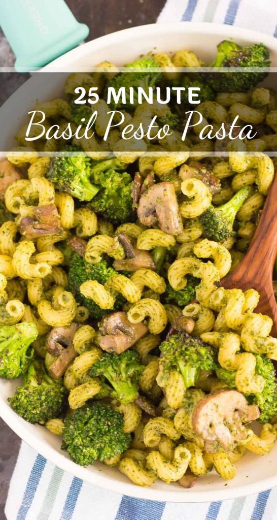 This Basil Pesto Pasta with Broccoli and Mushrooms is an easy dish that's full of flavor. Tender pasta is tossed with basil pesto, sautéed mushroom, and fresh broccoli. It's simple to make and is perfect for busy weeknights! #pasta #pesto #pestopasta #mushroompasta #broccoli #broccolipasta #easydinner #quickdinner