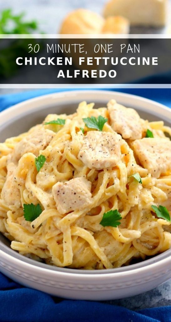 This One Pan Chicken Fettuccine Alfredo is filled with tender chicken and fresh pasta that's tossed in a lightened, creamy sauce. It's made in one pan and ready in just 30 minutes! #chicken #chickenpasta #chickenrecipe #fettuccinealfredo #fettuccinealfredorecipe #chickenfettuccinealfredo #pasta #pastarecipes #onepotpasta