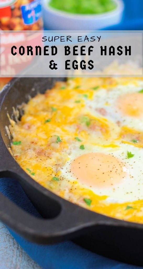 This Corned Beef Hash and Eggs is filled with tender potatoes, chunks of corned beef, green peppers, and spices. It's topped with eggs and a sprinkling of cheese, and then baked to perfection. If you're looking for a zesty breakfast or brunch option, then you'll love this flavorful skillet! #cornedbeef #hash #cornedbeefrecipe #cornedbeefhash #eggs #breakfast #stpatricksdayrecipe #recipe