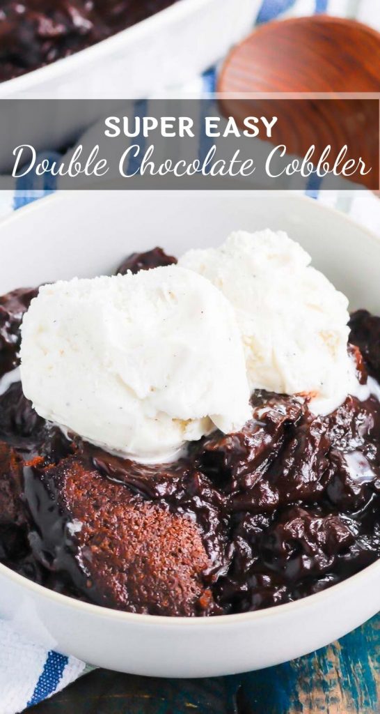 Chocolate Cobbler is a deliciously decadent dessert that's ready in no time. With a brownie like topping and a rich, fudgy sauce on the bottom, this dish tastes like molten lava cake, but in cobbler form! #cobbler #chocolate #chocolatecobbler #chocolatedessert #lavacake #dessert