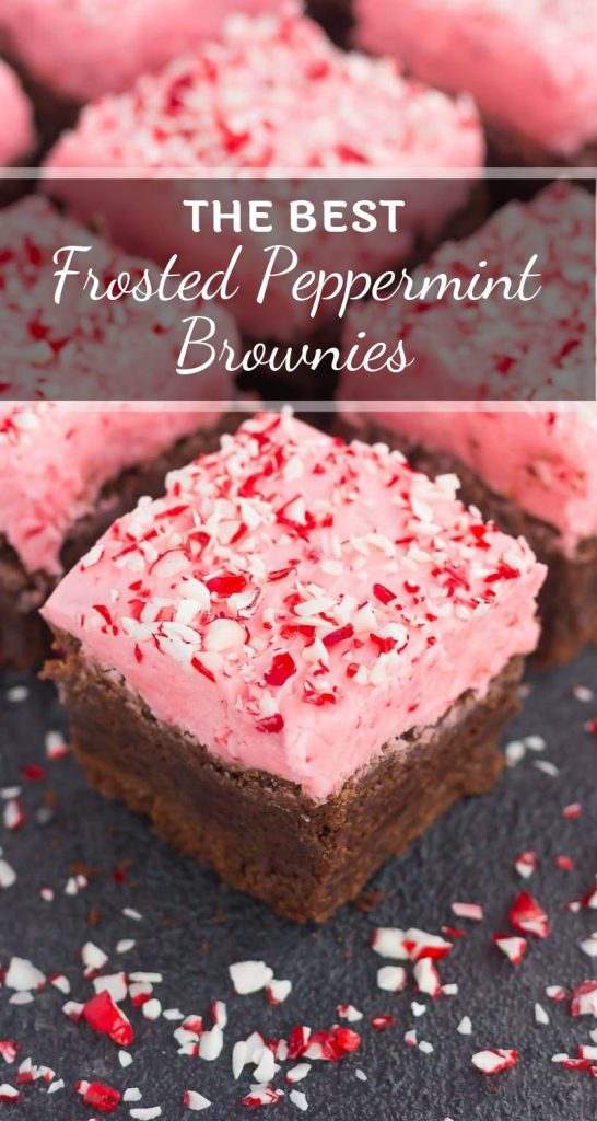 These Frosted Peppermint Brownies are thick, fudgy, and full of flavor. Classic brownies get a holiday twist by topping them with a sweet peppermint crunch frosting. Easy to make and even better to eat, this treat will be the hit of the holiday season! #brownies #peppermintbrownies #frostedbrownies #fudgybrownies #brownierecipe #holidaydessert #christmasdessert