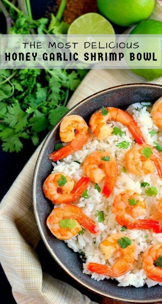 This Honey Garlic Shrimp and Cilantro Lime Rice Bowl is packed with tender shrimp, seasoned with a sweet honey garlic sauce and nestled on top of zesty cilantro lime rice. It's ready in less than 30 minutes and bursting with flavor! #shrimp #shrimprecipe #rice #ricebowl #cilantrolimerice #honeygarlic #seafoodrecipe #easydinner