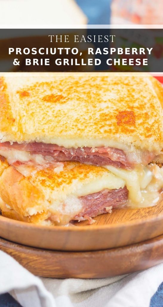 This Prosciutto, Raspberry and Brie Grilled Cheese is loaded with fresh slices of prosciutto, raspberry jam, brie and mozzarella cheeses. Grilled until golden and melty, this sandwich is the perfect comfort dish! #grilledcheese #grilledcheeserecipe #sandwich #prosciuttosandwich #prosciuttogrilledcheese #briegrilledcheese #maindish #lunch
