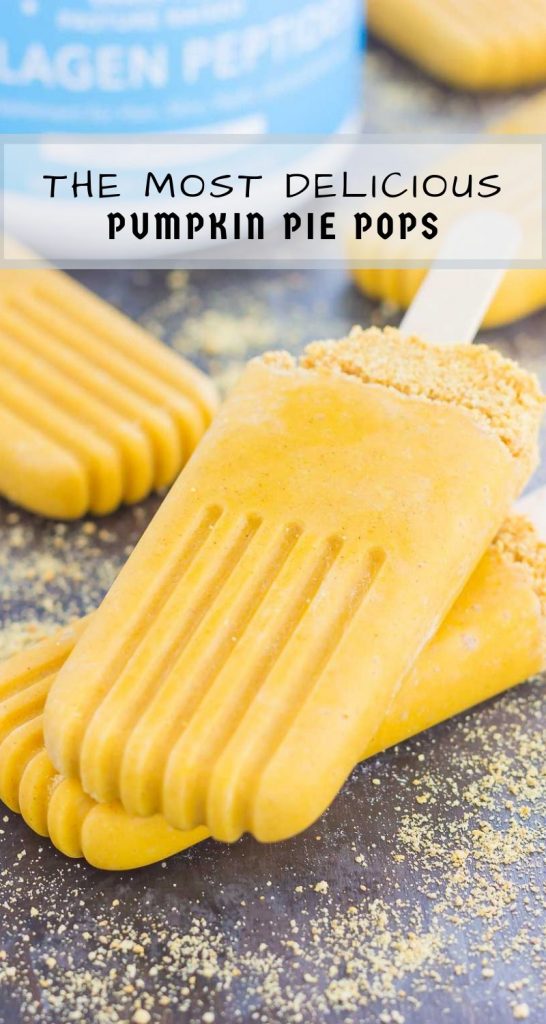 These Pumpkin Pie Pops taste just like the classic pie, but in frozen form. Sprinkled with a graham cracker crust and filled with healthier ingredients, these creamy pops are the perfect dessert for the season! #pumpkin #pumpkinpops #pumpkinpie #frozendessert #dessert #pumpkindessert #falldessert