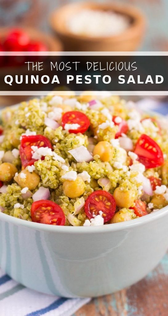 This Quinoa and Chickpea Pesto Salad is filled with chickpeas, hearty quinoa, cherry tomatoes, red onions, and crumbled feta cheese. It's tossed with a zesty pesto sauce that packs a punch of flavor in every bite. It's easy to prepare and makes simple dish that's perfect for lunch or dinner! #quinoa #quinoasalad #quinoabowl #pesto #pestosalad #chickpeas #chickpeasalad #saladrecipe #healthysalad #healthylunch