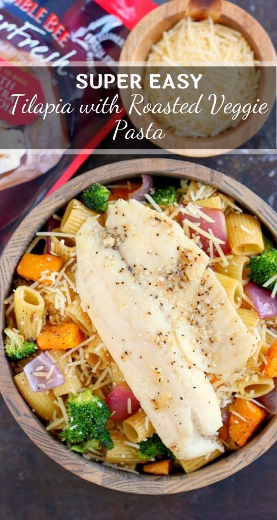 This Tilapia with Roasted Vegetable Pasta features tender rigatoni that is lightly seasoned and filled with fresh, roasted vegetables and topped with flaky tilapia. It's a gourmet meal that can be prepped and ready to eat in just 25 minutes! #tilapia #seafoodrecipe #vegetables #vegetablepasta #pastarecipe