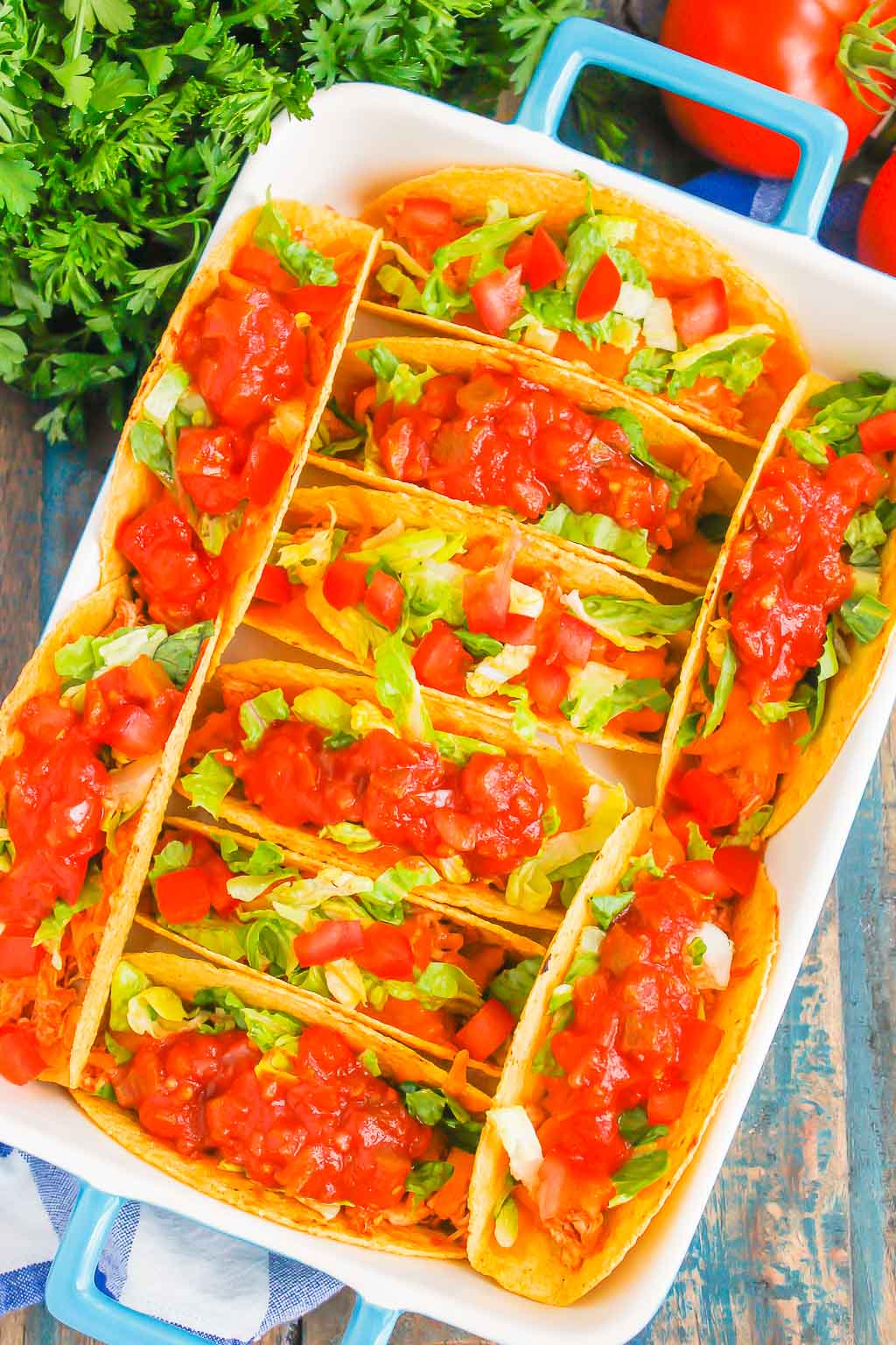 Baked Chicken Tacos are fast, easy, and perfect for a weeknight meal. With fresh ingredients and hardly any prep time, these tacos are perfect for when you want a no-fuss, flavorful dinner! #tacos #chickentacos #bakedtacos #chickendinner #chickenrecipes #easydinner #weeknightmeal
