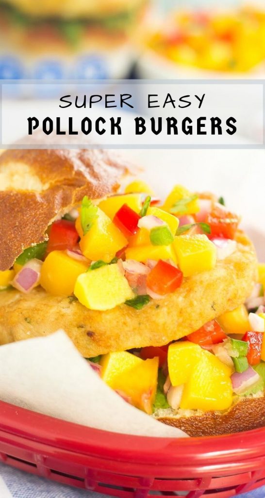 These Alaskan Pollock Burgers with Peach Mango Salsa are easy to prepare and bursting with flavor. The Alaskan Pollock patty provides a mild taste, while the peach mango salsa gives it the perfect touch of sweet and spicy! #burger #pollock #pollockburger #peachsalsa #mangosalsa #summerburger #easyburger #dinner