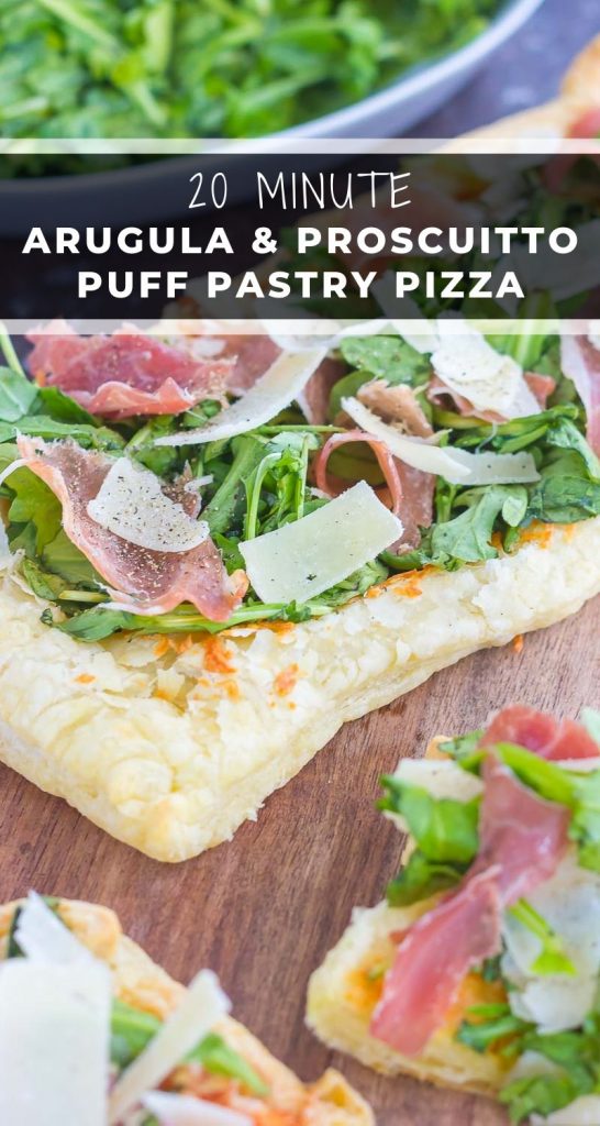 This Arugula and Prosciutto Puff Pastry Pizza is easy to make and ready in about 20 minutes. Simple, fresh, and bursting with flavor, this lighter pizza is perfect for busy weeknights and is sure to be a mealtime winner! #pizza #puffpastry #puffpastrypizza #arugula #arugulapizza #prosciutto #prosciuttopizza #pizzarecipe #dinner #easydinner