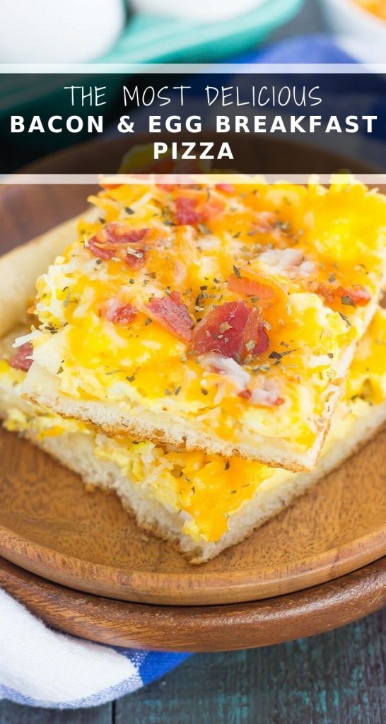 Bacon and Egg Breakfast Pizza is filled with scrambled eggs, two kinds of cheese, and bacon, all sprinkled on top of a crisp crust. With just a few ingredients and minimal prep time, this breakfast pizza will be a meal time winner for breakfast, lunch, or even dinner! #pizza #breakfastpizza #bacon #baconpizza #eggs #eggpizza #breakfast #easybreakfast