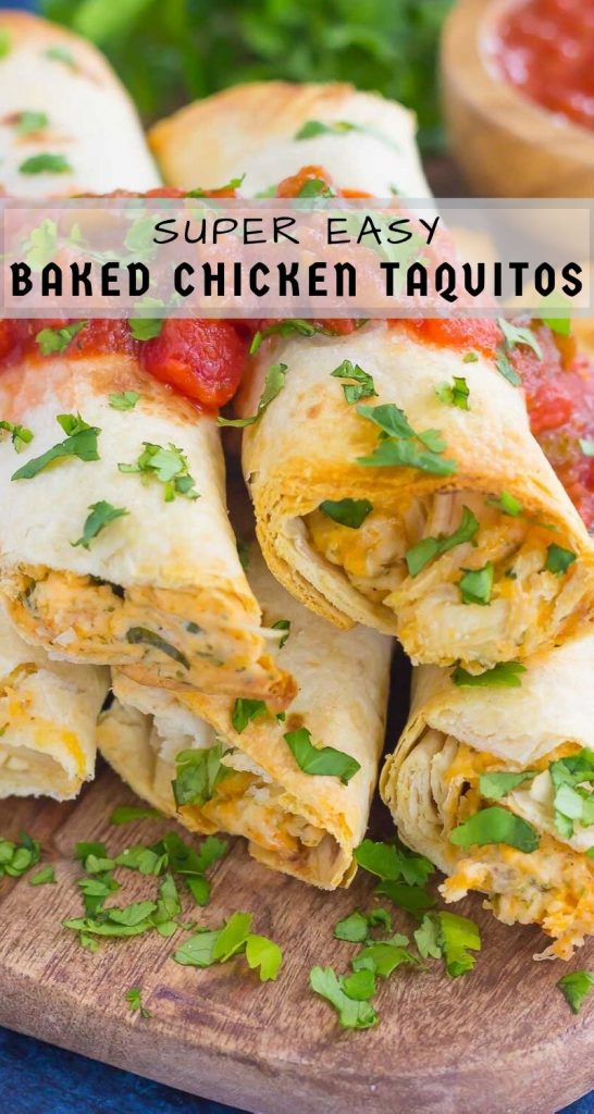 These Baked Chicken Ranch Taquitos are loaded with shredded chicken, cheddar cheese, cilantro, and a savory ranch cream cheese mixture. Fast, easy, and ready in less than 30 minutes, this simple dish is packed with flavor and perfect for the whole family! #chicken #taquitos #chickentaquitos #bakedchicken #chickendinner #chickenrecipe #mexicanrecipe #dinner