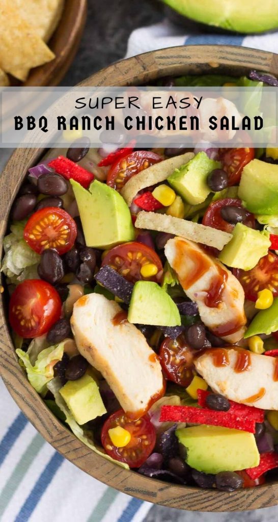 This Barbecue Ranch Chicken Salad is packed with fresh greens, tender chicken, black beans, corn, tomatoes, red onion, and avocado. It's tossed with a creamy barbecue ranch dressing and is full of flavor. Better than the restaurant version and so easy to make, you'll love the fresh ingredients in this easy summer salad! #salad #chickensalad #barbecuechickensalad #bbqchickensalad #bbqchicken #lunch #healthylunch