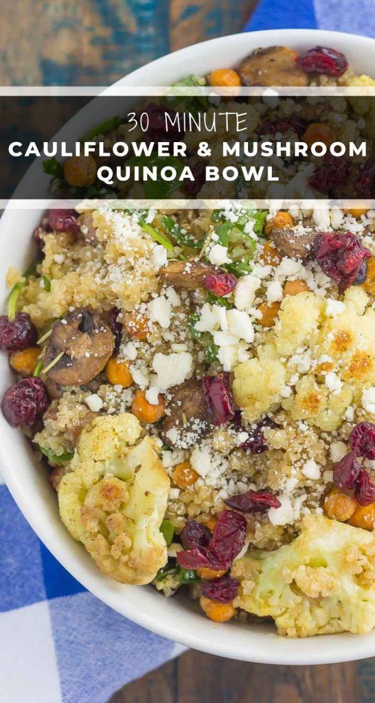 This Roasted Cauliflower, Mushroom and Chickpea Quinoa Bowl is a quick and easy meatless meal that is sure to please everyone. Hearty quinoa is tossed with roasted cauliflower, mushrooms, chickpeas, and arugula, all tossed in a savory white balsamic dressing. This healthier meal is ready in just 30 minutes and packed with delicious superfoods! #quinoa #quinoabowl #mushrooms #mushroombowl #cauliflower #cauliflowerbowl #healthybowl #healthylunch #dinner