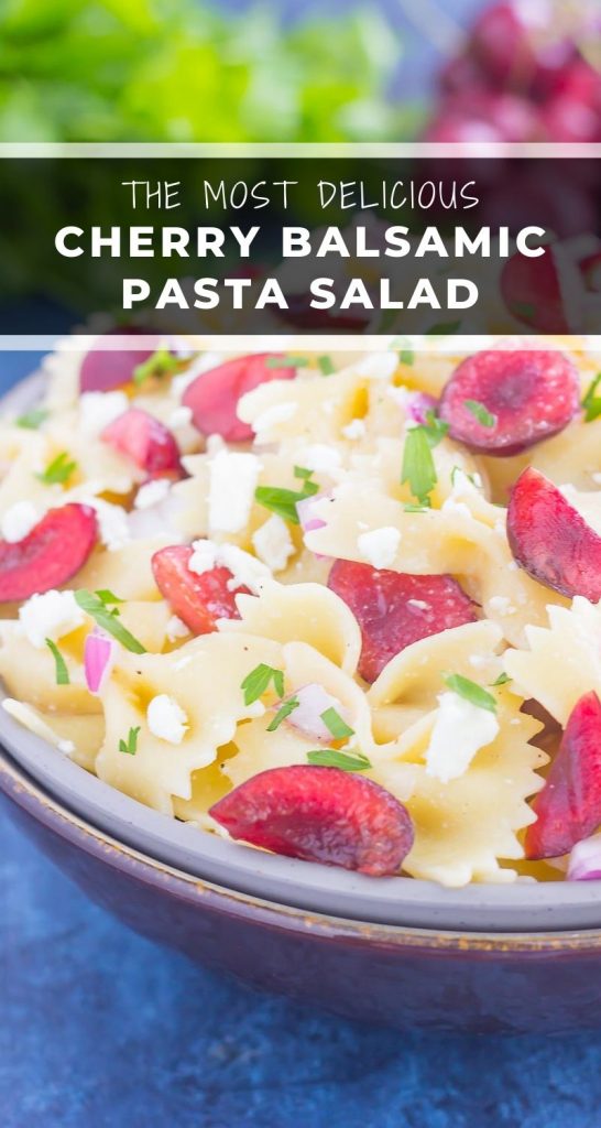 This Cherry Balsamic Pasta Salad is packed with fresh cherries, red onion, and feta cheese, all topped with a light white balsamic dressing. Easy to make and bursting with flavor, this salad is the perfect summer dish to enjoy all season long! #pasta #pastasalad #cherries #cherrysalad #balsamic #balsamicpastasalad #summersalad #healthysalad