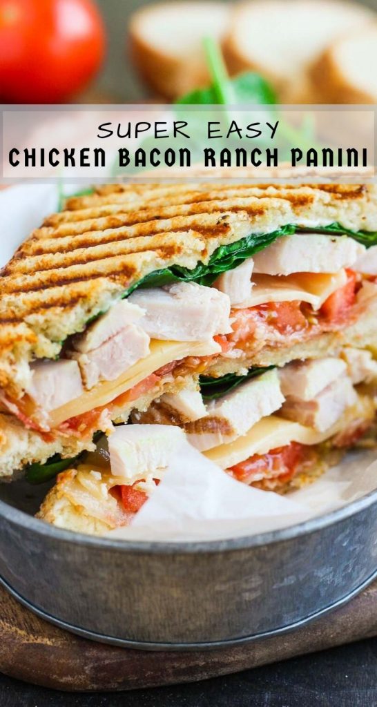 This Chicken Bacon Ranch Panini is fast, fresh, and ready in no time. Loaded with tender chunks of chicken, crisp bacon, fresh spinach, Havarti cheese, and a garlic ranch dressing, this sandwich is packed with flavor and makes the perfect, easy meal! #panini #chicken #chickenpanini #bacon #baconpanini #ranch #lunch #sandwich