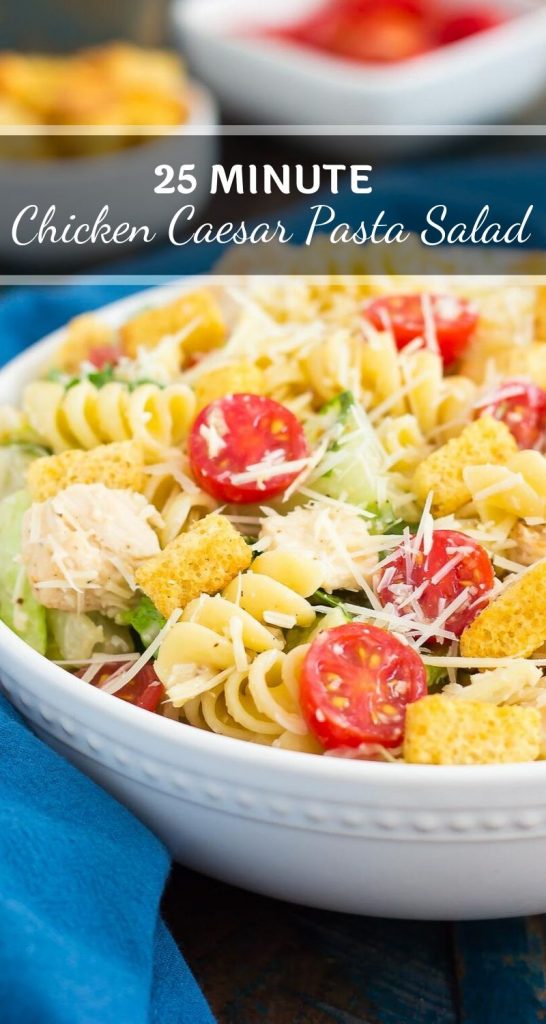 This Chicken Caesar Pasta Salad is a simple dish that's ready in less than 30 minutes. Romaine lettuce, fresh pasta, chicken, and Parmesan cheese are tossed in a creamy caesar dressing that's full of flavor. Light, yet filling, this easy dish makes a delicious weeknight meal! #chicken #chickensalad #chickencaesarsalad #caesarsalad #lunch #healthylunch #salad #healthysalad #pastasalad