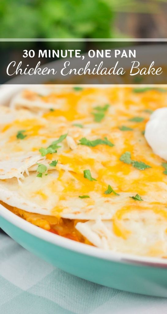 This One Pan Chicken Enchilada Bake is loaded with shredded chicken, hearty rice, and topped with cheesy tortillas. It contains the classic flavor of enchiladas, but in casserole form. Made in one pan and ready in just 30 minutes, you'll have this simple dish ready to be devoured in no time! #chicken #chickenenchilada #chickenenchiladabake #enchiladacasserole #enchiladadish #chickencasserole #comfortfood #dinner