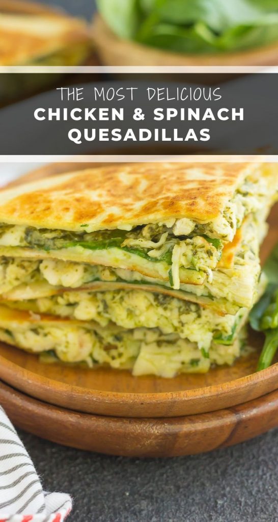 These Chicken and Spinach Pesto Quesadillas are simple to make and ready in less than 20 minutes. Filled with shredded chicken, pesto, baby spinach, and mozzarella cheese, this easy dish is packed with flavor and perfect for busy weeknights! #quesadillas #chicken #chickenquesadillas #quesadillarecipe #spinach #pesto #spinachquesadillas #easydinner #dinner