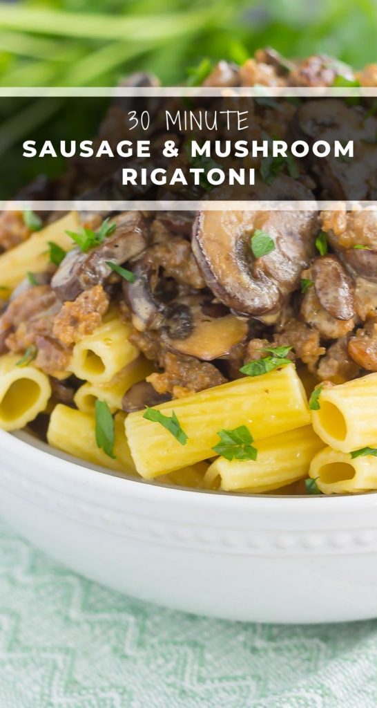 This Creamy Sausage and Mushroom Rigatoni is the perfect comfort dish that's ready in just 30 minutes. Zesty sausage, fresh mushrooms and rigatoni pasta are tossed in flavorful cream sauce. Hearty, comforting, and all-around delicious, this meal-time favorite is sure to be a winner all year long! #sausage #rigatoni #mushrooms #mushroomrigatoni #sausagerigatoni #skillet #skilletmeal #skilletdinner #pasta #pastaskilet #dinner