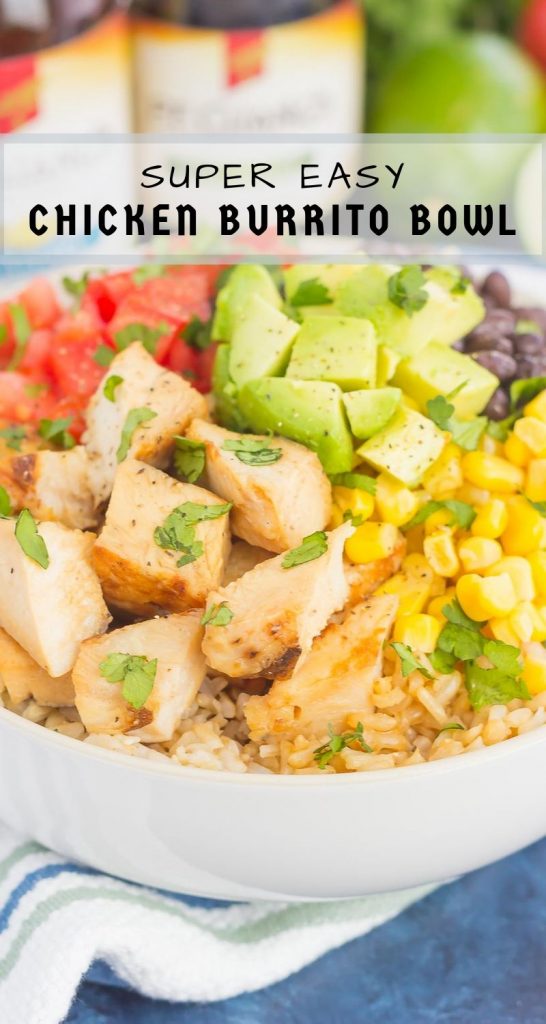 Skip the takeout and make your own Easy Chicken Burrito Bowl at home! It's loaded with juicy chicken, cilantro lime rice, black beans, corn, fresh tomatoes, and avocado. Drizzled with a soy sauce marinade and ready in no time, this meal is sure to become a family favorite! #buritto #burittobowl #burritobowlrecipe #chicken #chickenburritobowl #chickenrecipe #dinner #easydinner