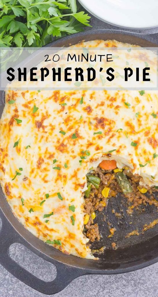 This Easy Shepherd's Pie features a unique spin on the classic version and is ready in less than 20 minutes. Loaded with zesty ground beef, cheddar cheese, mixed veggies, and topped with creamy, cheesy mashed potatoes, this is the ultimate comfort dish for everyone to enjoy! #shepherdspie #mashedpotatoes #groundbeef #easydinner #dinner #comfortfood