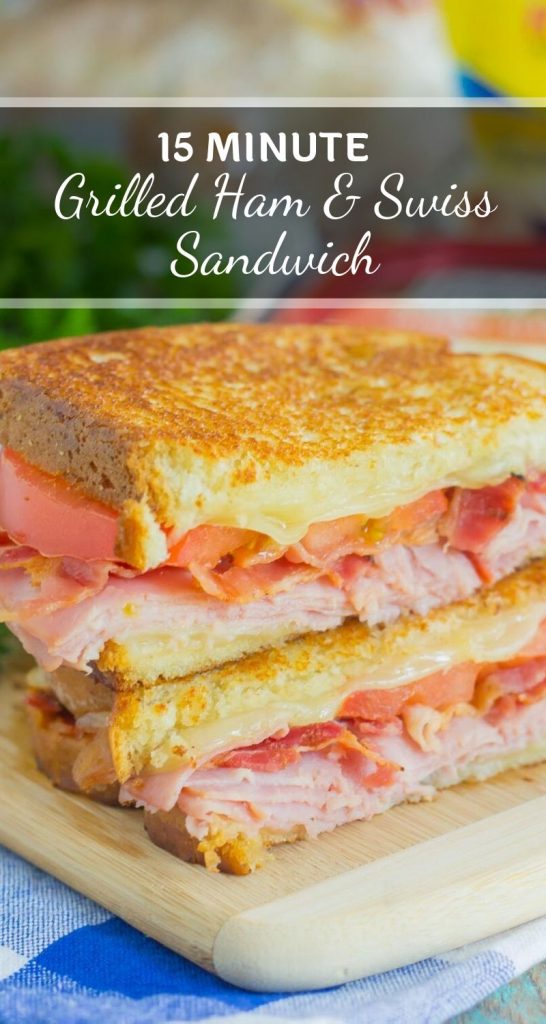 Thinly sliced honey ham, swiss cheese, fresh tomatoes, and crispy bacon are packed between fresh slices of bread that are grilled to perfection. With just six ingredients and hardly any prep work, you can have this Grilled Ham and Swiss Sandwich ready to be devoured in no time! #sandwich #ham #hamsandwich #hamswiss #grilledcheese #grilledhamswiss #lunch #dinner