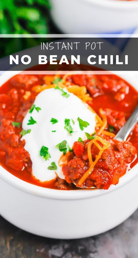 Instant Pot No Bean Chili is a simple, hearty meal that's ready in no time. Made with two types of ground beef and loaded with flavor, you'll never miss the beans in this cozy dish! #chili #nobeanchili #chilinobeans #instantpot #instantpotchili #Instantpotnobeanchili #dinner #comfortfood