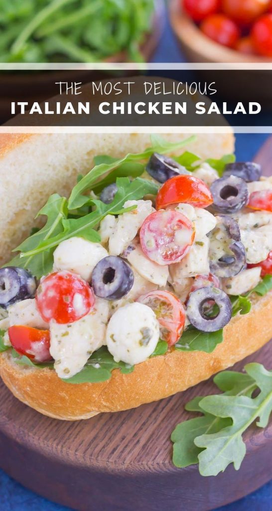 ThisThis Italian Chicken Salad is fresh, easy, and bursting with flavor. Loaded with mozzarella cheese, tomatoes, black olives and pesto, this fun twist on a classic flavor will have you coming back for more. This salad is perfect for an easy lunch or dinner and makes delicious sandwiches, too! #chicken #chickensalad #italian #italiansalad #italianchickensalad #saladrecipe #healthysalad #chickenrecipe