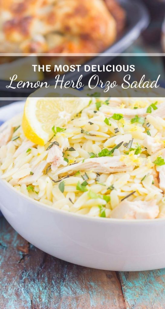 This Lemon Herb Orzo with Chicken is a simple dish that's ready in less than 30 minutes. Packed with shredded chicken, rosemary, thyme, and lemon, this pasta is loaded with flavor and perfect for a summer meal! #orzo #orzosalad #chicken #chickensalad #lemon #lemonsalad #healthysalad #lunch #dinner