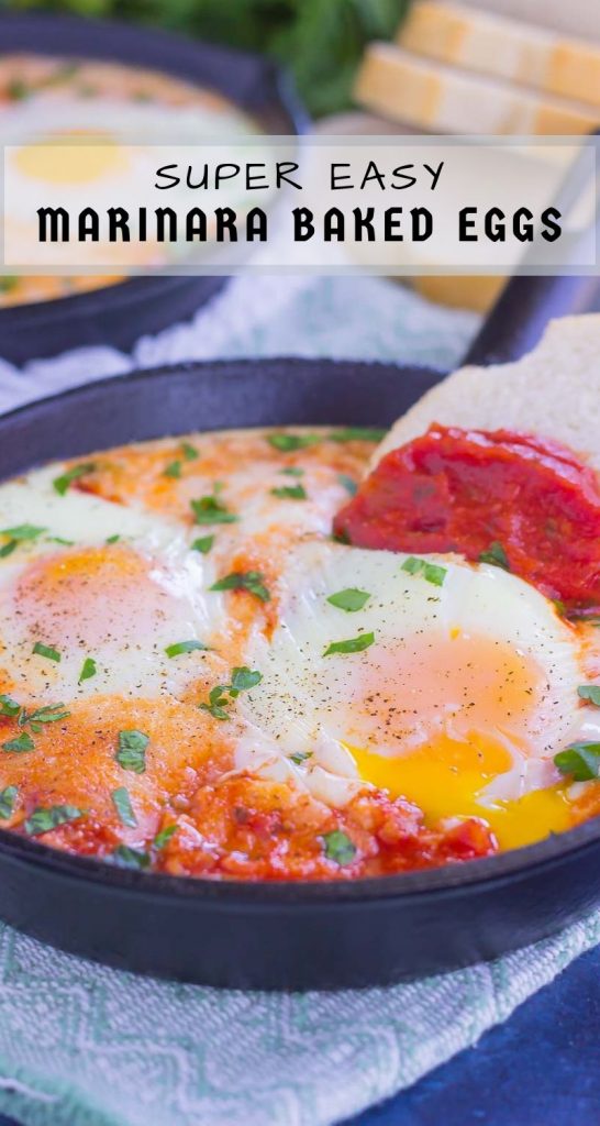 These Marinara Baked Eggs make an easy and hearty meal for busy mornings. Perfect alongside toast, garlic bread, or on its own, this dish is sure to be a favorite all year long! #eggs #bakedeggs #marinaraeggs #marinarabakedeggs #breakfast